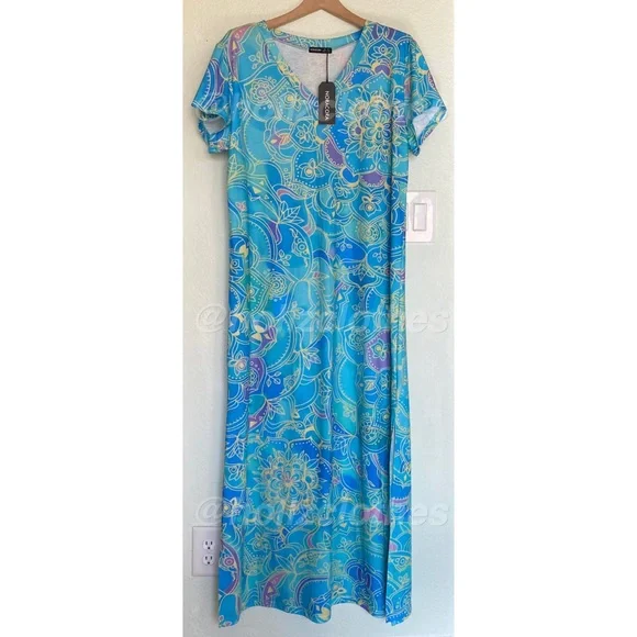 Beachy Tropical Summer Floral Blue Maxi Dress Size L - Picture 2 of 8